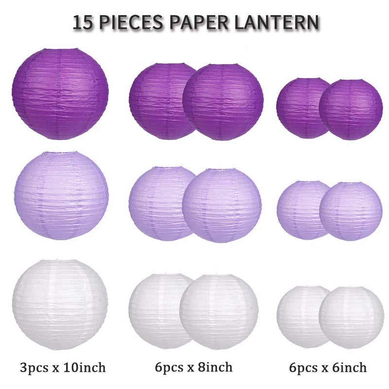 zilue Paper Lanterns Decorative, Round Hanging Paper Lanterns Decorations for Bachelorette Engagement Birthday Party Decorations Purple/Lavender/White 15pcs - Image 2